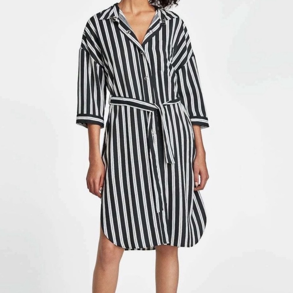 ZARA BASIC Z1975 DENIM Black and White Striped Shirt Dress Medium Tencel